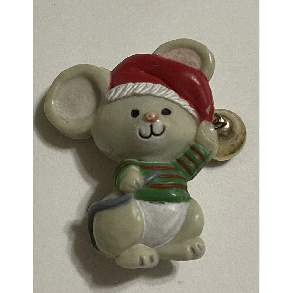 Hallmark Mouse Brass Bell Ringer  Brooch Christmas Pin 1980s Vintage Holiday Pin